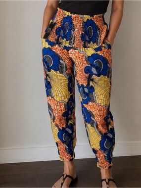 Elastic-Waist Floral Print Joggers in Blue, Orange & Yellow